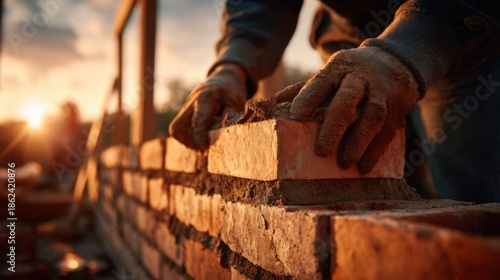 Workers build a brick wall during sunset at a construction site