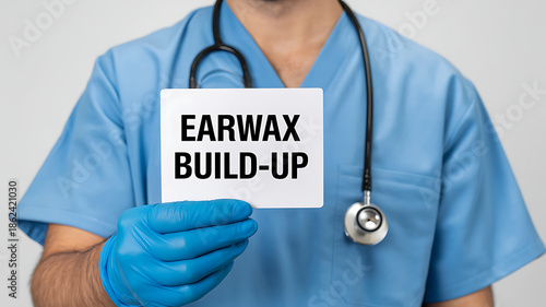 Doctor in blue scrubs and gloves holding a card with the text earwax build-up for medical consultation