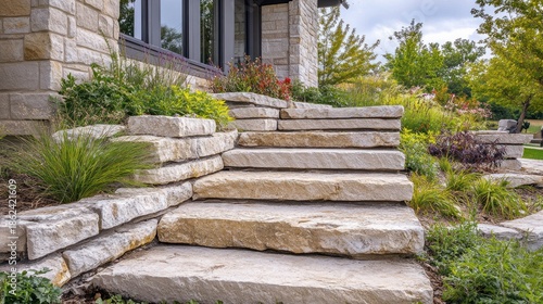 Modern stone steps leading to a home with landscaped gardens