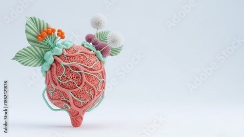 Bladder Cancer Awareness Month (BCAM) Decorative anatomical heart illustration with flowers and leaves on light background, creative graphic design, close-up view, minimalistic style