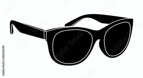 Black silhouette illustration of stylish sunglasses with thick frames and curved arms.