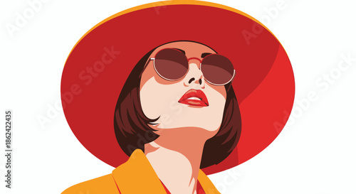 Stylish woman in red hat and sunglasses looking upwards in modern vector illustration.