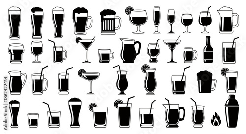 Collection of various drink and beverage glass icons in black and white silhouette style.