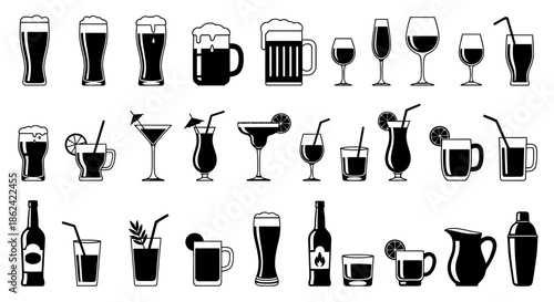 Collection of various black and white drink and cocktail glass icons in different styles.