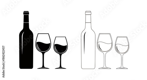 Minimalist illustration of wine bottles and wine glasses in black and white style.