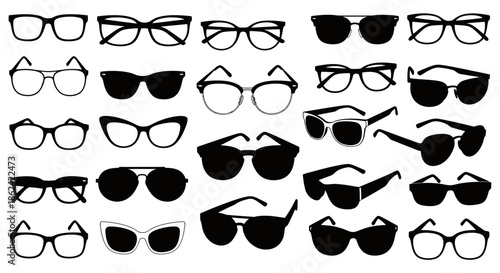 Collection of various black silhouette eyeglass and sunglasses frames in different shapes and styles.
