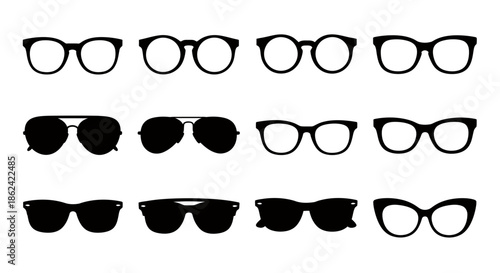 Collection of twelve different black eyeglasses and sunglasses silhouettes on a white background.