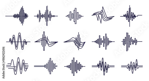 Collection of Abstract Sound Waveform Illustrations in Minimalist Black and White Style.
