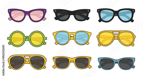 Collection of nine colorful cartoon sunglasses in different shapes and styles on white background.