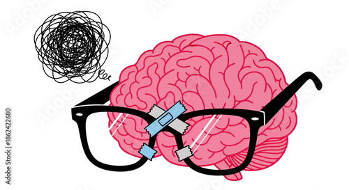 Illustration of a brain wearing taped glasses with a scribble symbolizing confusion or mental stress.