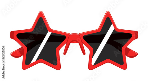 Red star-shaped novelty sunglasses with black lenses on a white background.