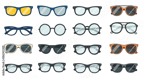 Collection of various eyeglasses and sunglasses in different shapes and styles.