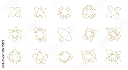 Collection of stylized atomic orbital diagrams and planetary orbits.
