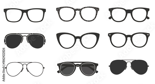 Collection of various eyeglasses and sunglasses frames in different shapes and styles.