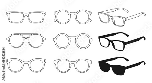 Set of various eyeglasses and sunglasses frames in different shapes and styles illustrated in black and white.