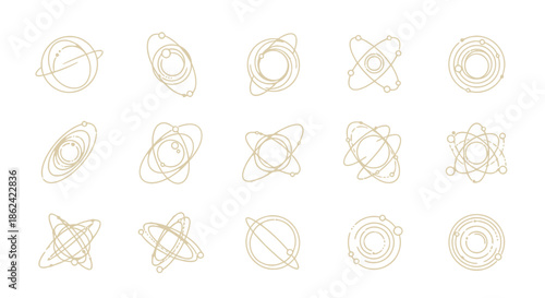 Collection of Stylized Atomic Orbit and Planetary System Icons.