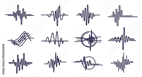Collection of Twelve Dark Blue Sound Waveforms and Audio Signals on White.