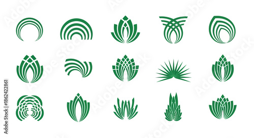 Diverse abstract green organic leaf and plantinspired vector logos featuring various curved pointed and layered shapes.