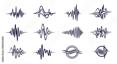 Diverse Collection of Stylized Sound Wave and Audio Signal Graphics.