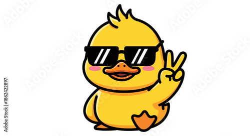 Cartoon yellow duck wearing sunglasses making a peace sign with a happy expression.