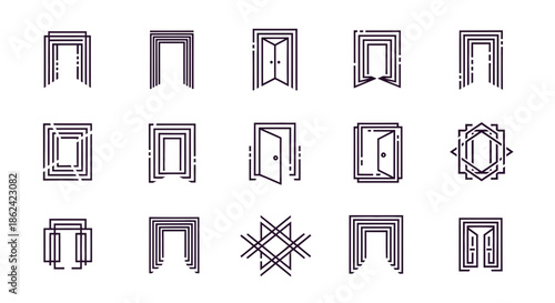 Set of geometric door and portal icons in a minimalist dark purple line art style.