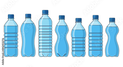 Illustration of various plastic water bottles with different shapes and sizes in a row.