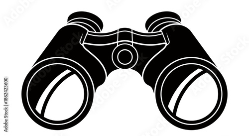 Black and white illustration of binoculars with a simple, bold design.