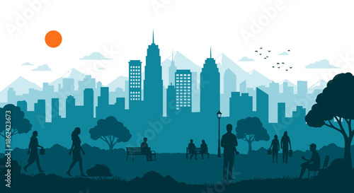 Urban park scene with people walking and relaxing in front of a modern city skyline at sunset.