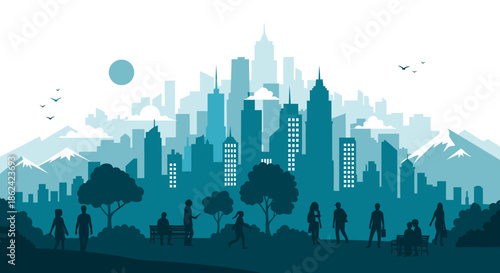 Silhouetted people enjoying a city park with a modern urban skyline and mountains in the background.