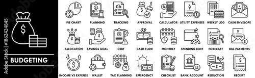 Budgeting outline icon collection set. Containing design budget, finance, financial, business, calculator, money
