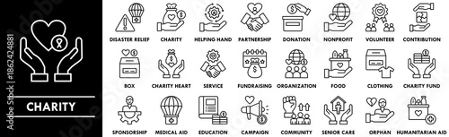 Charity outline icon collection set. Containing design support, volunteer, community, care, donation