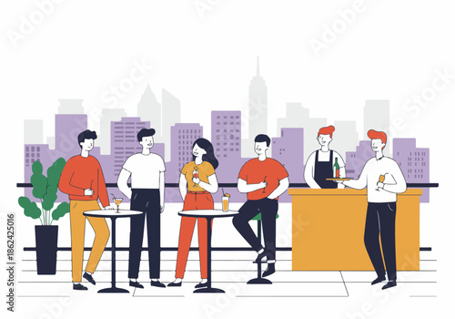 Lively rooftop bar scene with diverse friends enjoying cocktails, city views, and bartender service in a modern urban illustration.