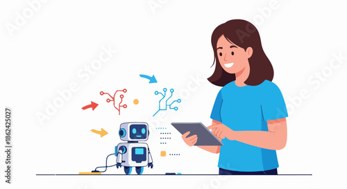 Young woman interacting with a cute robot via a tablet, symbolizing AI programming, machine learning, and human-robot collaboration in technology development.