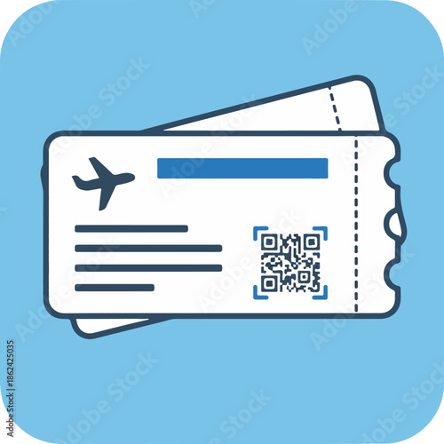 A modern vector illustration of an airplane boarding pass. The ticket features a light blue border, an airplane icon, dashed text lines, and a QR code, representing air travel and digital check-in.
