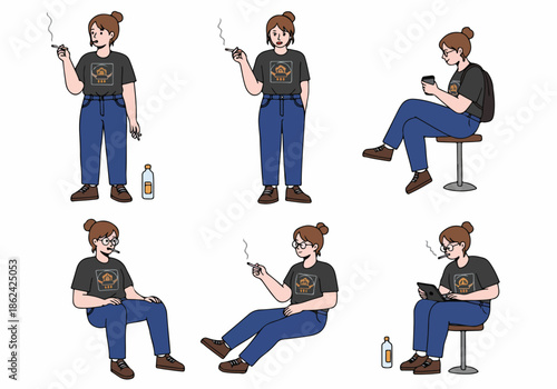 Lifestyle Illustrations: Woman Smoking, Using a Tablet, and Enjoying Drinks in Various Relaxed Positions.
