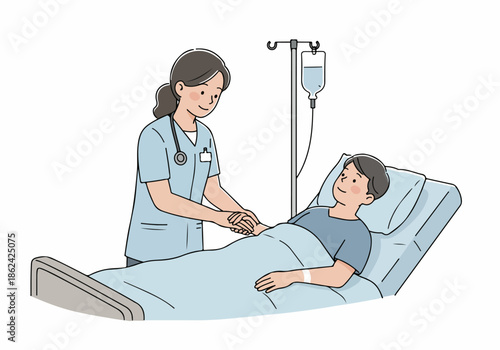 Nurse providing comfort and compassionate care to a smiling patient recovering in a hospital bed with an IV drip, highlighting medical support and well-being.