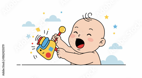 Happy baby joyfully playing with a colorful rattle toy illustration, capturing childhood fun.