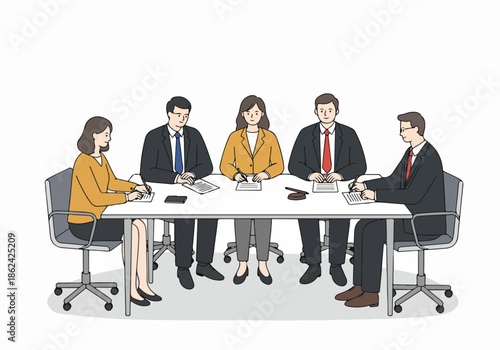 Diverse business professionals gather for a formal meeting around a conference table, discussing strategy and making important decisions.