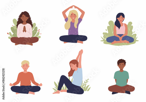 Diverse people practicing yoga and meditation for peace and wellness, fostering mindfulness and mental well-being in a serene, natural setting. Vector illustration.