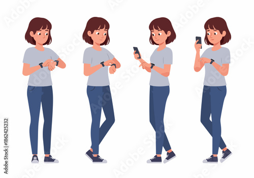 Young woman character demonstrating reactions to smart devices: checking smartwatch, using phone, and experiencing different emotions.