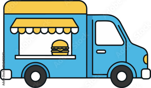 A flat vector illustration of a light blue food truck with a yellow roof and striped awning. A burger is displayed in the service window, representing mobile catering and street food culture.