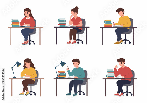 Collection of diverse students diligently studying at desks, engaged in reading, writing, and learning for academic success and personal growth.