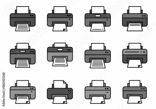 Printer Icons Collection: Modern Flat Design Illustrations of Printing Devices with Paper, for Office Technology and Document Management