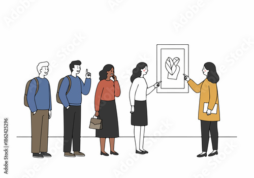 A group of diverse people engages in an art gallery tour, listening to a guide explain a modern abstract painting. Learning and discussion about contemporary art.