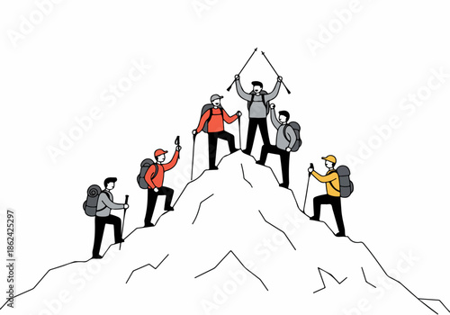 A group of hikers reaching a mountain summit, celebrating teamwork and achievement in an outdoor adventure.