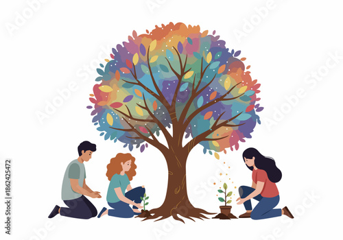 Diverse group of people planting saplings around a large, vibrant, rainbow-colored tree, symbolizing growth, community, and environmental stewardship in a colorful illustration.