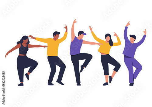 Diverse group of five people dancing together, expressing joy and energy in a vibrant flat design illustration on a white background.