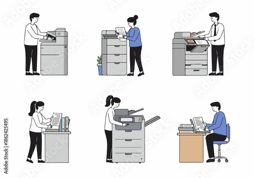 Office workers using copy machines and managing documents for administrative tasks, illustrating productivity and daily business operations in a modern workplace.