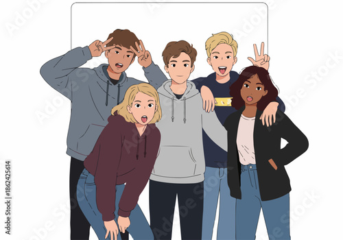 Diverse group of happy young friends smiling and making peace signs in a cheerful illustration.