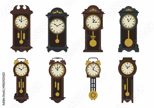 A diverse collection of vintage-style grandfather clocks and classic alarm clocks, showcasing various designs and mechanisms, isolated on a clean white background.